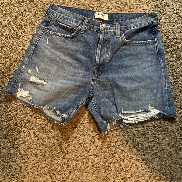 Agolde Parker Long Blue Distressed Jean Shorts Relaxed Fit
